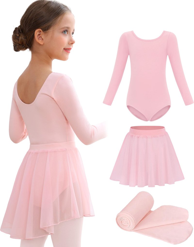 Mecceos Ballet Leotards with Skirt Tights Combo for Toddler Girls Dance Long Sleeve Leotard Ballerina Dresses Outfits (Ballet Pink, 8-10 Years, MEAM-322)