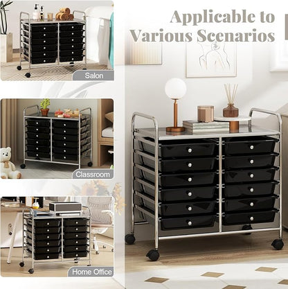 COSTWAY 12-Drawer Rolling Storage Cart, Utility Storage Organizer Cart for Tools, Scrapbook, Paper, Craft, Multipurpose Art Supply Organizer on Wheels for Home Office School, Teacher, Black