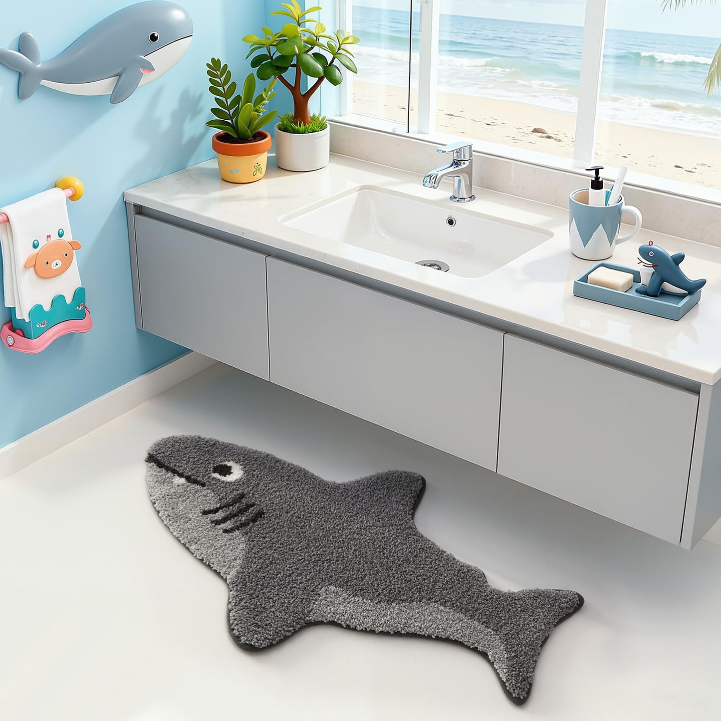 LUMI Cute Animal Bathroom Rugs, Non-Slip Backing Washable Bath Mats, Shark Shaped Absorbent Bath Rugs for Bathroom, Ideal Floor Mat for Shower Sink Bathtub Room Decor, 24"x40", Echo Shark