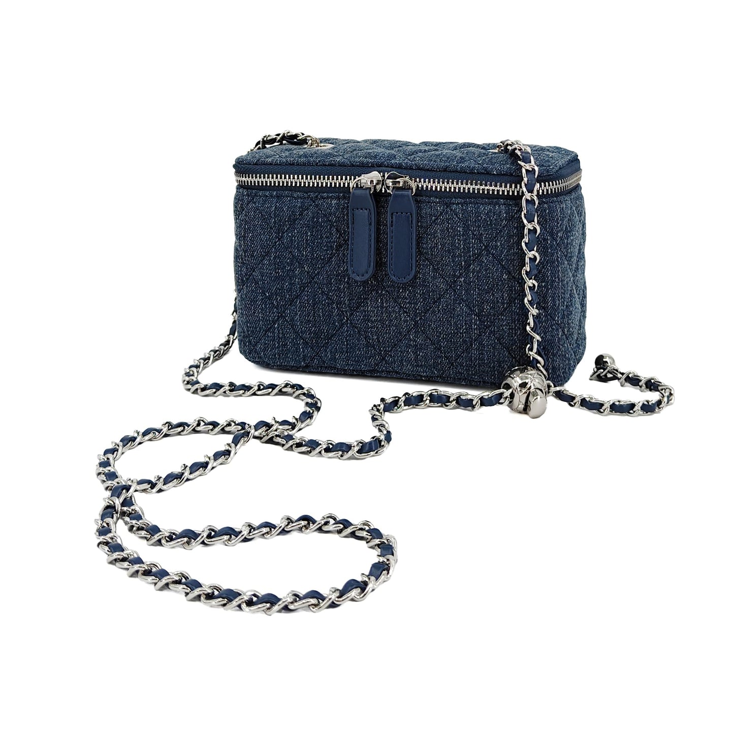 M-ioi-M Quilted Denim Crossbody Bag for Women, Retro Textured Small Jean Purse with Adjustable Silver Chain Strap, Casual Boxy Pouch Shoulder Handbag, Classic Designer Vanity Case Purse (Slub Indigo)