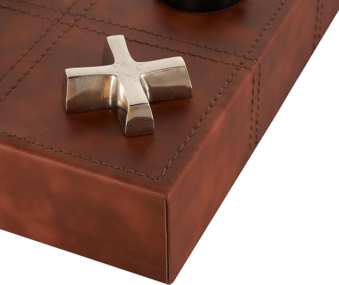 Deco 79 Faux Leather Tic Tac Toe Home Decor Game Set Decorative Board Game with Black and Silver Pieces Board Game 12 x 12 x 3 Brown