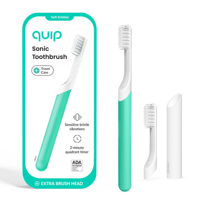 Quip Sonic Electric Toothbrush for Adults - Time Travel & Soft Bristles with Travel Case & Replacement Brush Head - 3 Month Battery Life, Plastic Handle - Magenta