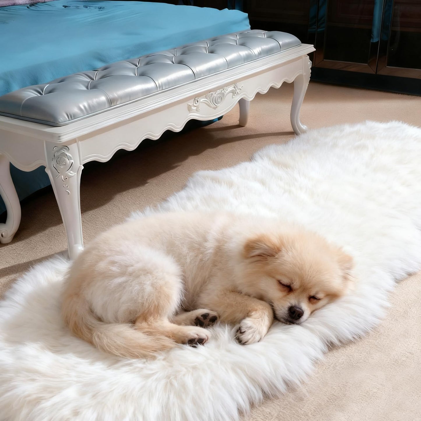 Genuine Sheepskin Rug with Little Patches | Premium Ivory White Fluffy Sheep Skin Carpet for Bedroom Fireplace | Soft Wool Throw for Elder, Pet | Luxurious Fur Rug for Chair, Sofa, Non Dyed 2FT*6FT