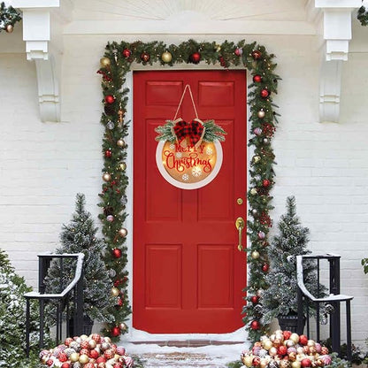HOMCDALY Merry Christmas Welcome Sign for Front Door, Winter Merry Christmas Wreath with Light, Farmhouse Door Decoration Wooden Hanging Sign, Christmas Decoration (F-Xmas-White)