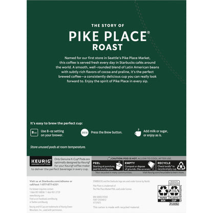 Starbucks K-Cup Coffee Pods, Medium Roast Coffee, Pike Place Roast for Keurig Brewers, 100% Arabica, 4 boxes (96 pods total)