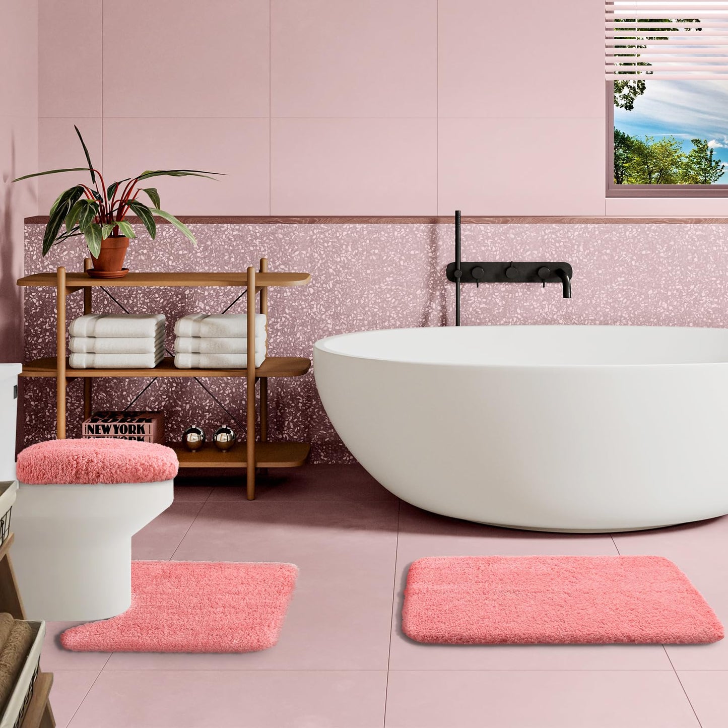 Baahrnom Bathroom Rugs Sets 3 Piece with Adjustable Toilet Seat Cover 17.5"x 15" Machine Washable Bath Rug Set with TPR Non Slip Rubber Backing Solid Bath Mat Set for Luxury Bathroom Decoration