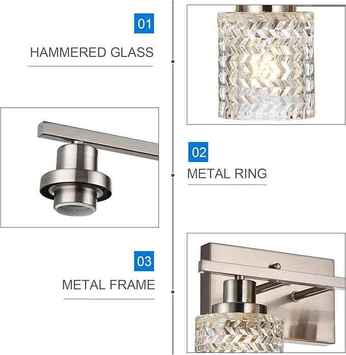 MELUCEE 5 Lights Brushed Nickel Bathroom Light Fixture Modern Light Fixtures Wall Mounted Modern Vanity Lighting with Hammered Glass Shade Suitable for Bathroom Mirror Sink Cabinet