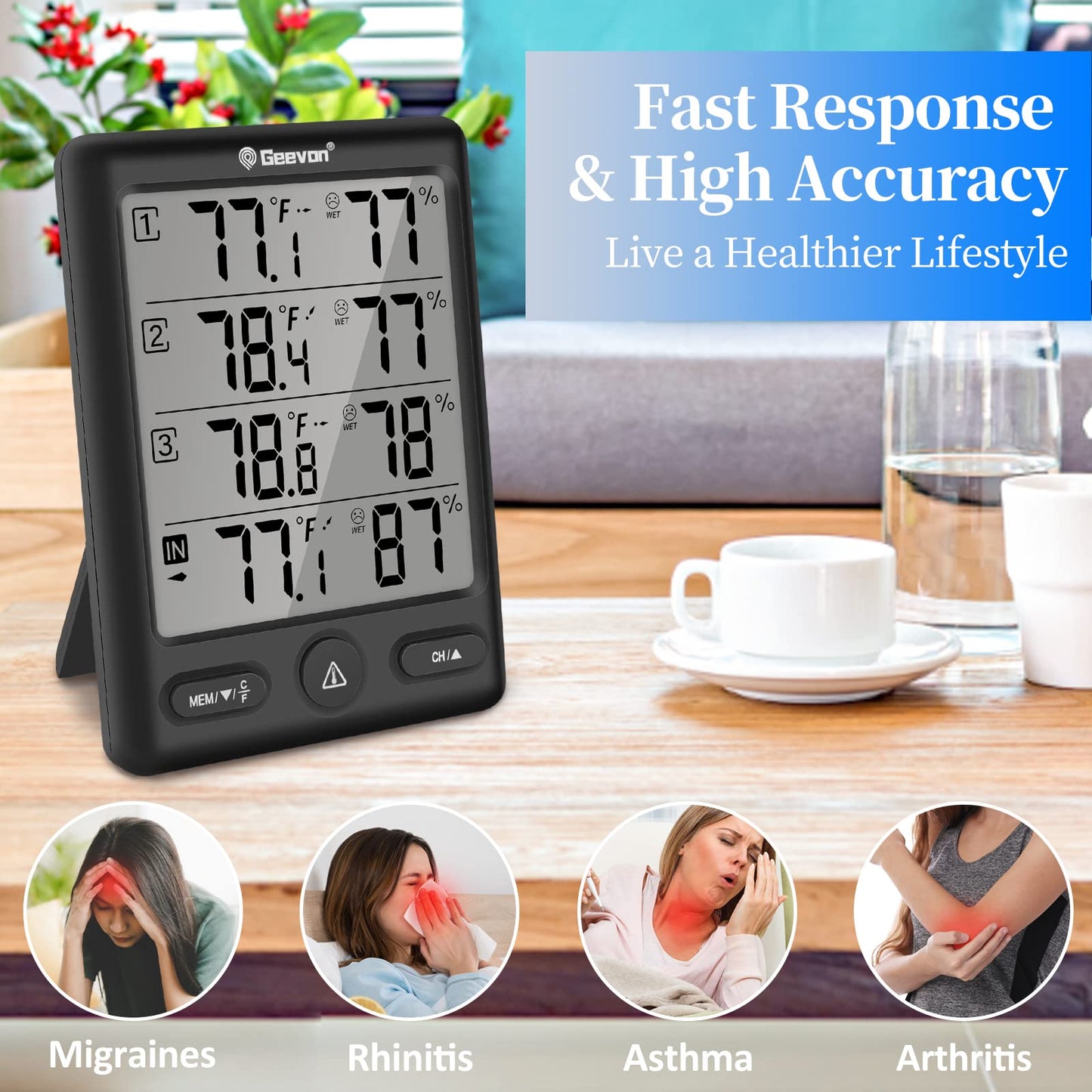 Geevon Indoor Outdoor Thermometer Wireless with 3 Remote Sensors, Digital Hygrometer Thermometer, Wireless Temperature Humidity Monitor Gauge with 200FT/60M Range (Black)