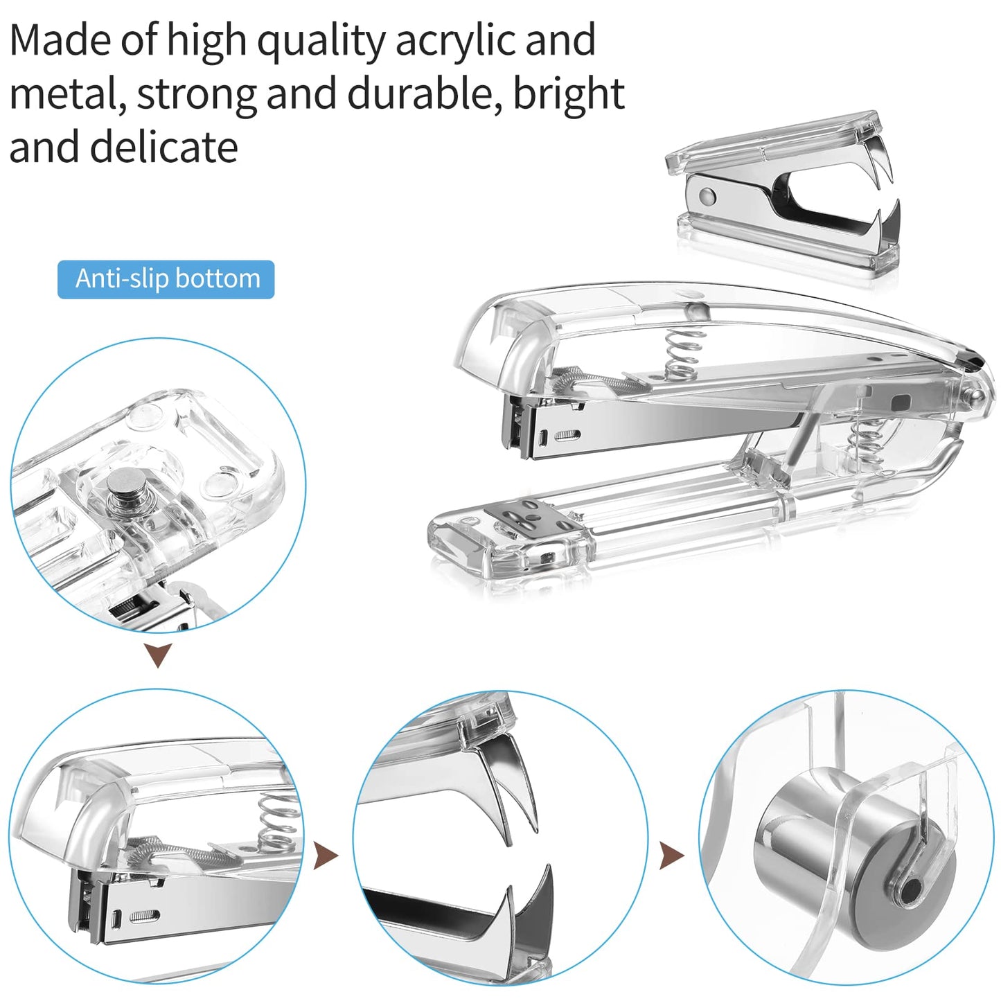 Office Supplies Set Desk Accessory Kit, Acrylic Stapler Set Staple Remover, Tape Dispenser, Binder Clips, Paper Clips, Ballpoint Pen and Scissor with 1000 Pieces 26/6 Staples (Silver)