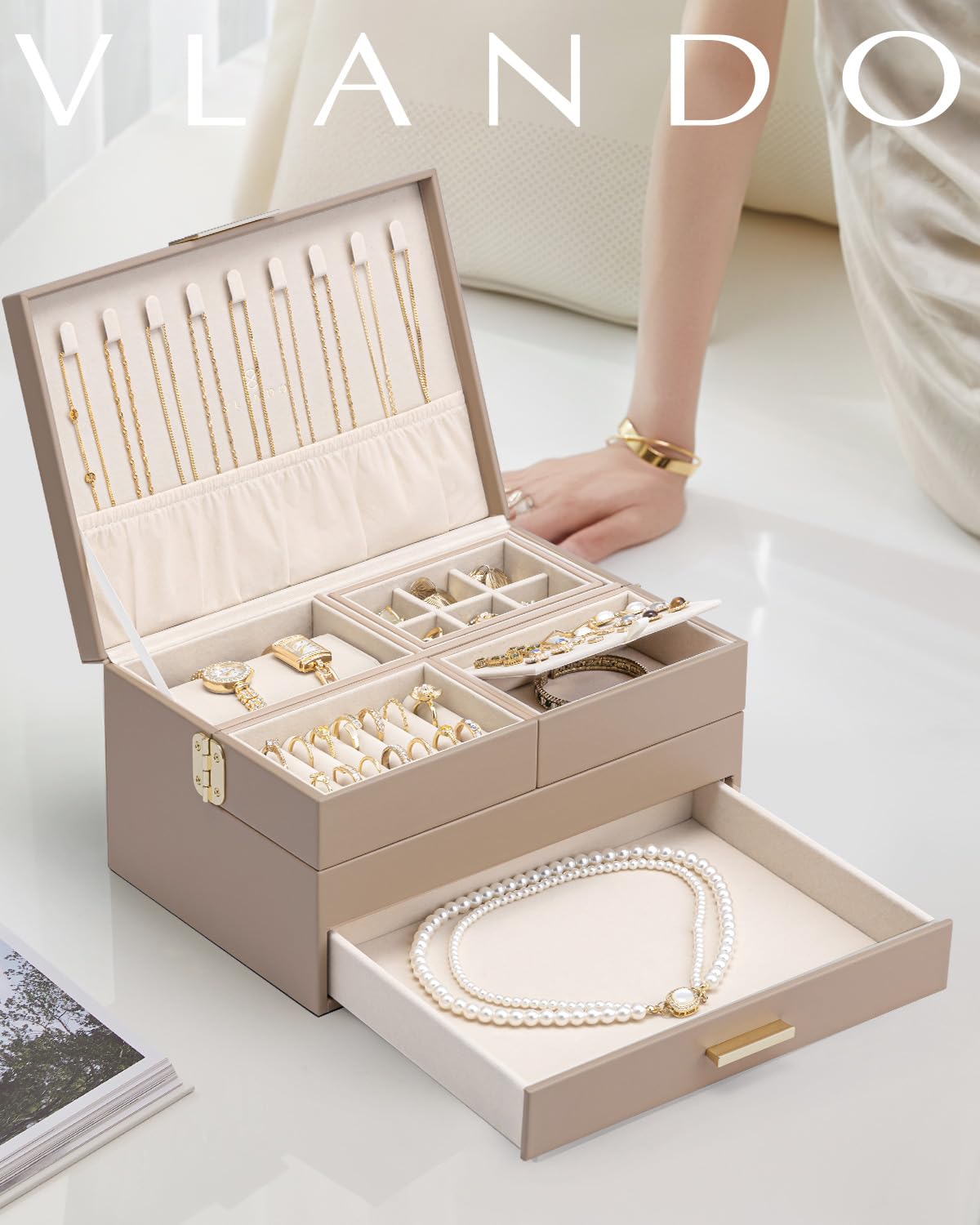 VLANDO 3 Layer Jewelry Box - Women Jewelry Box with Retractable Tray - Jewelry Organizers with Drawer for Necklaces, Rings, Bracelets, Earrings, Gift for Couples Mom Girls - Toffee