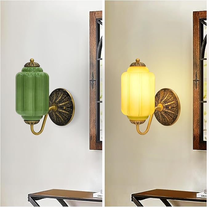 Vintage Mike Green Glass Wall Sconce - Milk Glass Shade Antique Brass Indoor Wall Light for Bedroom, Living Room, and Hallway