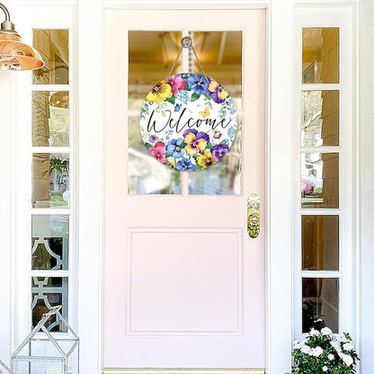 Welcome Spring Summer Floral Flowers Front Door Sign, Pansy Forget Me Not Wood Door Hanger Outdoor Outside Porch Decor, Butterfly Seasonal Wooden Wreath Indoor Wall Hanging Decoration