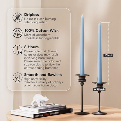 10-Inch Tall Dripless Taper Candles Set of 4 - Baby Blue Tapered Candles, Perfect for Halloween,Fall - Smokeless, Unscented, Long Burning - Hand Poured, Colored Tall Candlesticks - Baby Azul