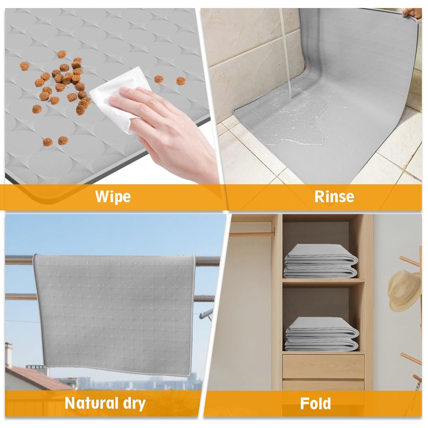 Extra Large Silicone Dog Food Mat 33.9"x21.9" – 0.27" Raised Edge Waterproof Pet Feeding Mat, Non-Slip Placemat for Multiple Bowls, Auto Feeders, Cat Fountains, Dishwasher Safe (Black/Gray)