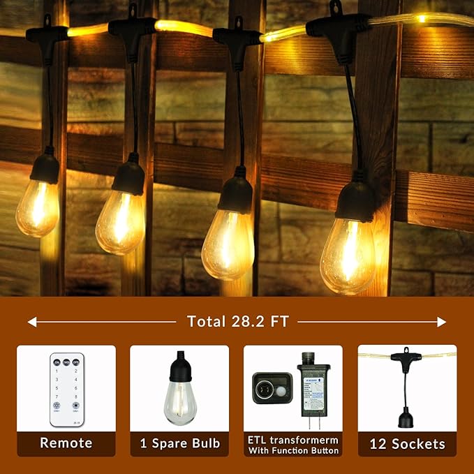 Outdoor String Lights 28.2 FT, Waterproof Dimmable LED Edison Bulbs with Remote, Rope-Style Durable Design, Commercial-Grade Patio Lights, Decorative for Garden,Gazebo,Backyard, Party & Holiday