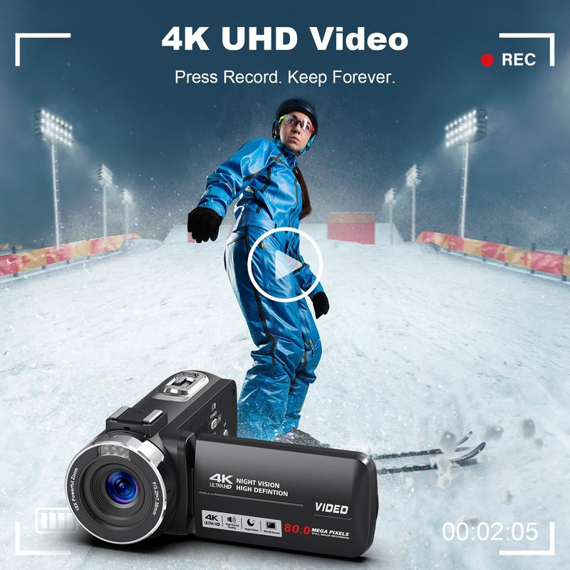 Peryoua 4K HD 80MP Camcorder Video Camera 18X Digital Zoom 3.0 IPS Screen Vlogging Camera for YouTube IR Night Vision Video Recorder with 32GB SD Card, 2 Batteries, Remote Control and Microphone