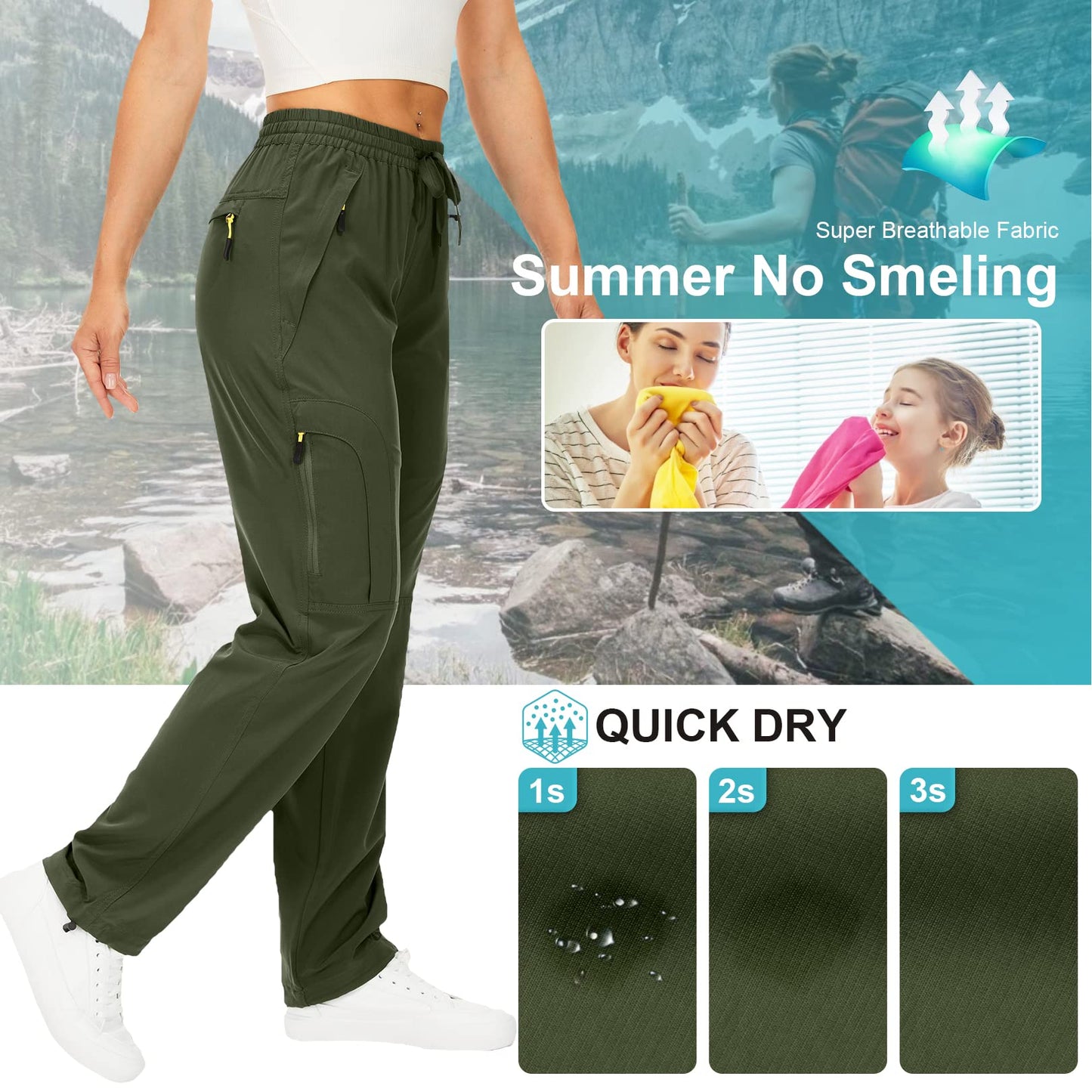 Womens Hiking Pants Quick Dry UPF 50 Lightweight Travel Golf Cargo Safari Pants Zipper Pockets,6608,Army,Petite XX-L