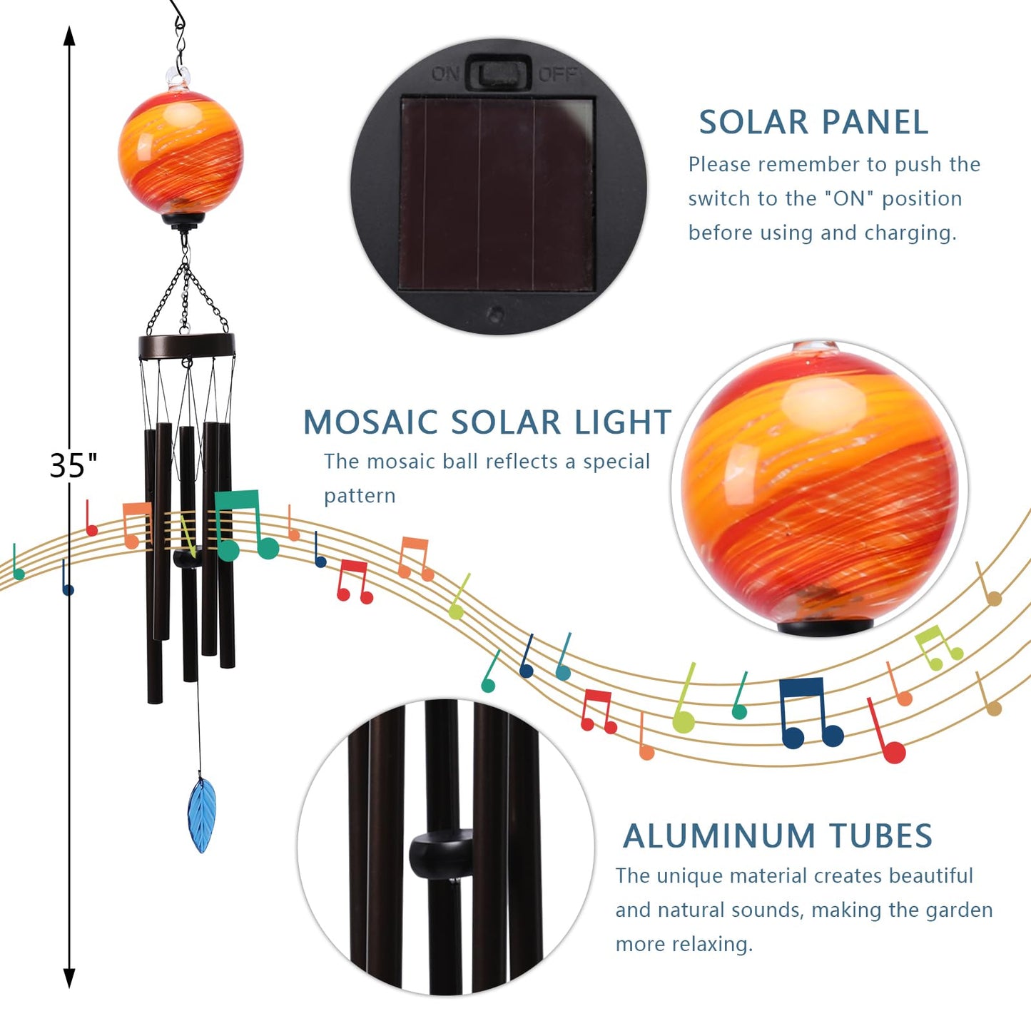 MUMTOP Solar Wind Chime for Outsides, 35" Glass Windchimes with Solar LED Lights Decorative Hanging Wind Bell for Porch Patio and Garden Decor, Orange