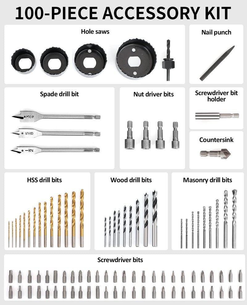 AVID POWER Drill Bit Set, Titanium Twist Brad Point Driver Bits, Drill and Screwdriver Bits Combo Kit with Case for Metal, Wood, Concrete and Masonry, 100 Pieces