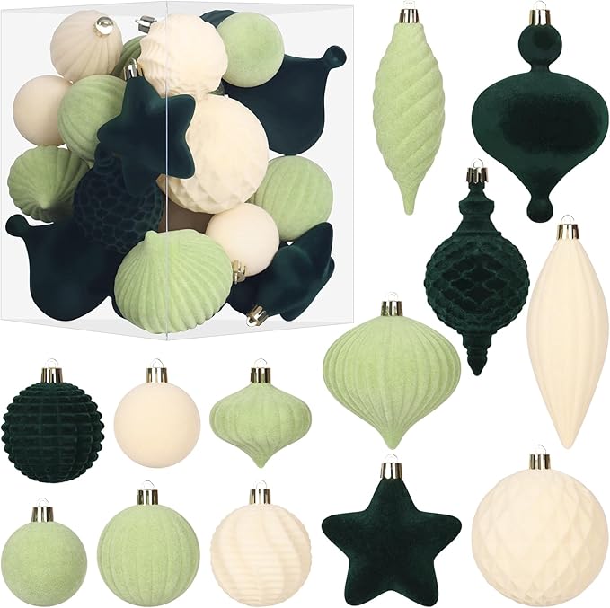 SY Super Bang 30PCS Velvet Christmas Ornaments Set, Flocked Shatterproof Assorted Hanging Xmas Tree Ball Decorations, for Home Party Holiday Decor, Deep Green, Beige, Light Green