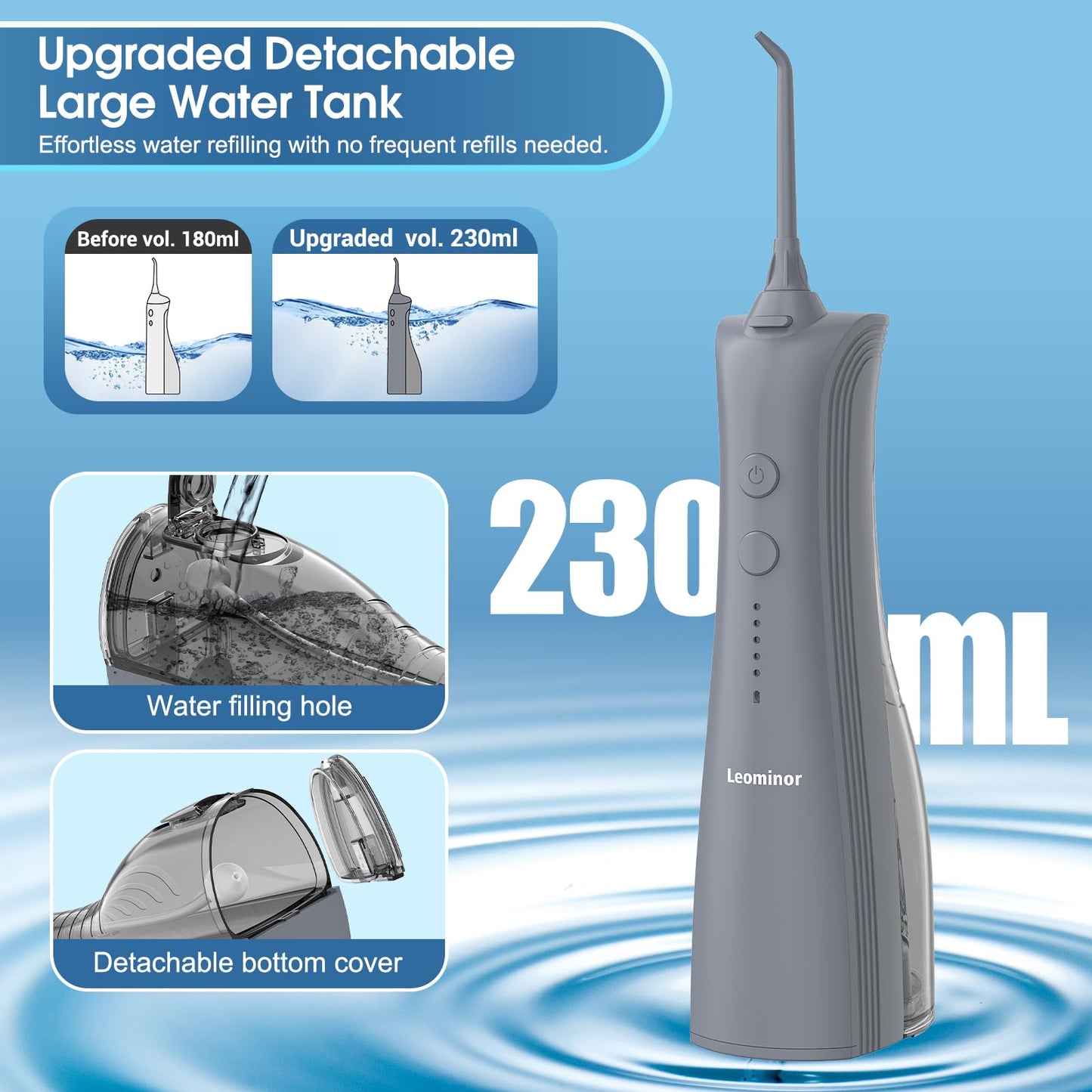 Leominor Water Dental Flosser - 5 Modes Cordless Portable Oral Irrigator, IPX7 Waterproof, Rechargeable Teeth Cleaner Upgrade Datchable Tank Professional Flossing Cleaning Pick for Home Travel (Black)