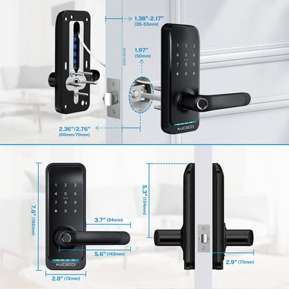Smart Door Lock with Handle: Kucacci Keyless Entry Digital Door Lock for Front Door - Fingerprint Keypad Smart Dnob - Generate Passcode Remotely - App Control - Easy Installation(Black)