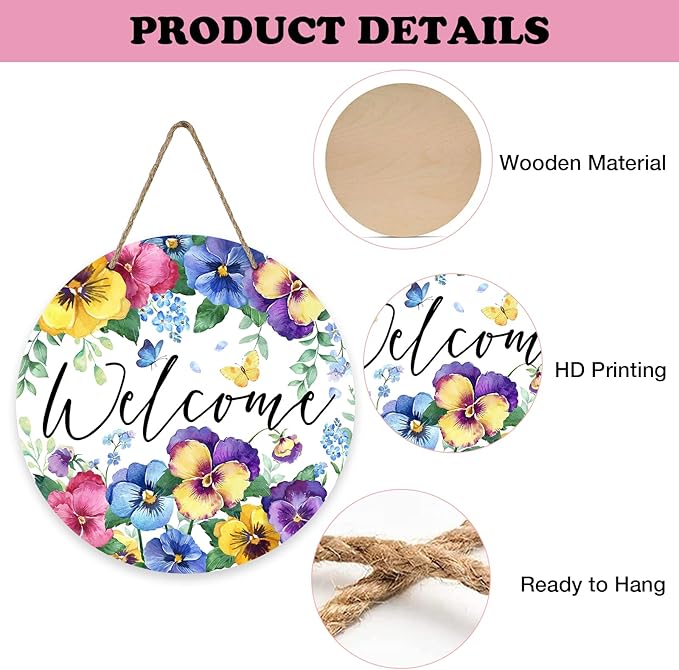 Welcome Spring Summer Floral Flowers Front Door Sign, Pansy Forget Me Not Wood Door Hanger Outdoor Outside Porch Decor, Butterfly Seasonal Wooden Wreath Indoor Wall Hanging Decoration