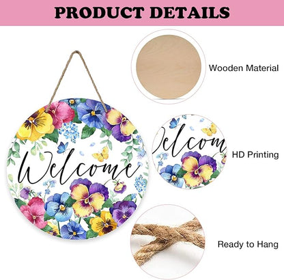 Welcome Spring Summer Floral Flowers Front Door Sign, Pansy Forget Me Not Wood Door Hanger Outdoor Outside Porch Decor, Butterfly Seasonal Wooden Wreath Indoor Wall Hanging Decoration
