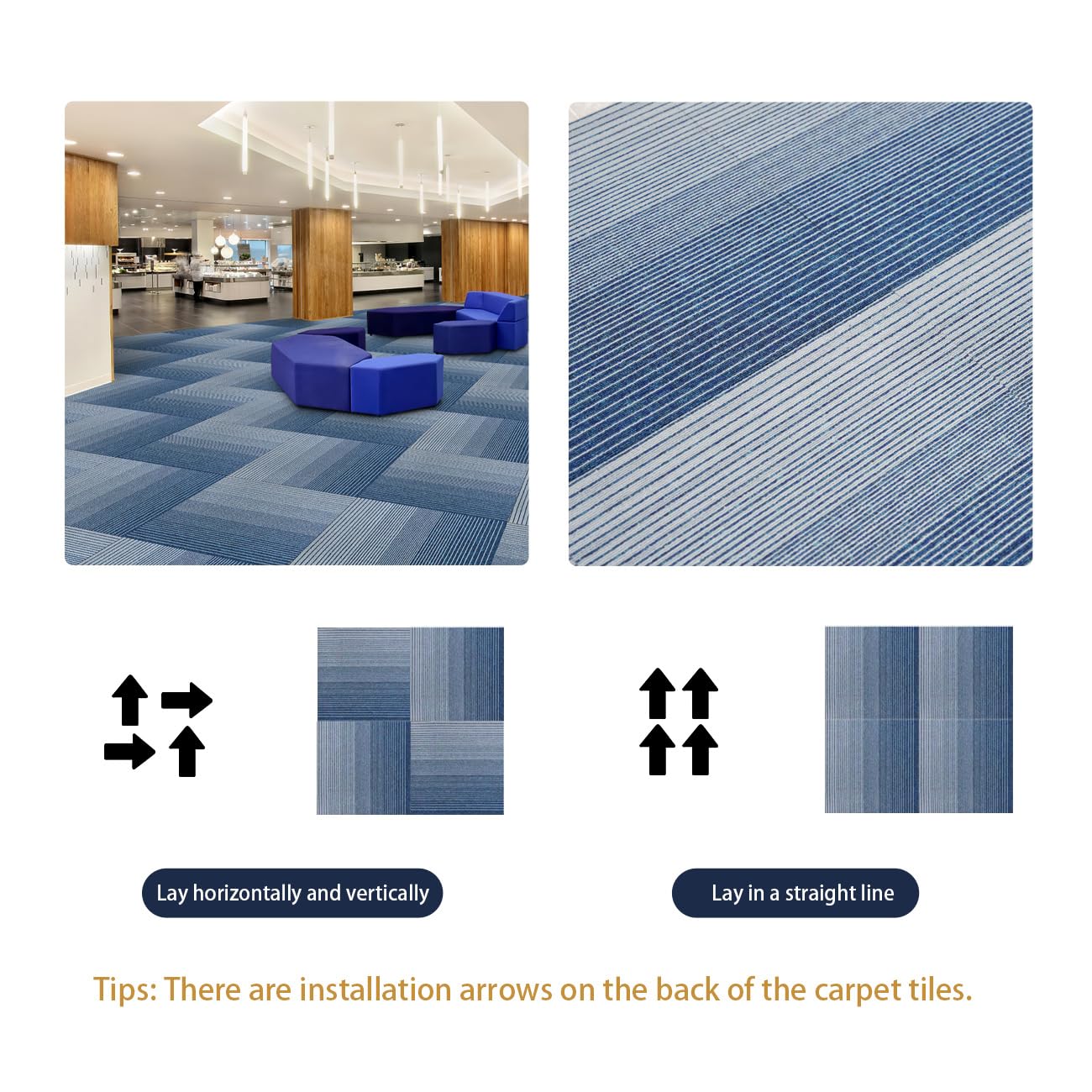 16 Tiles Carpet Squares 20" x 20" PVC Carpet Tile, 0.13" Pile Height (43 sqft/Carton) Blue for Home Office, Living Room, Bedroom
