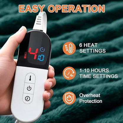 Heated Blanket Electric Throw Blanket 72''X 84''-Heating Blanket with 6 Heat Settings-10 Hours Auto Off,Cozy Faux Rabbit Fur Bubble Electric Blanket,Dark Green