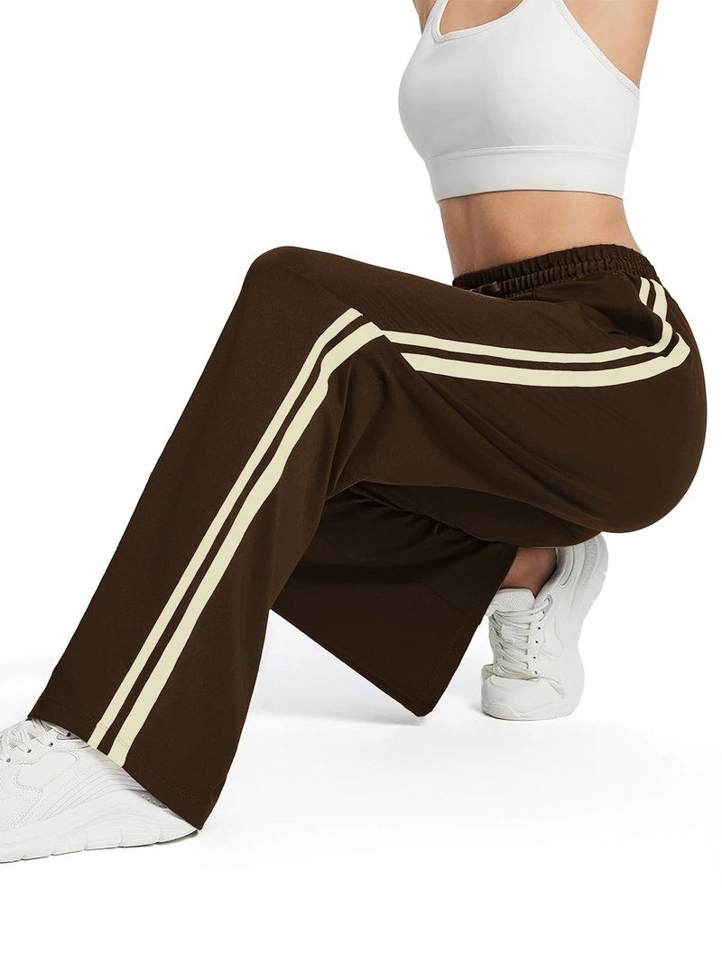 Tapata Tall Womens 34" Inseam Track Pants Relaxed Fit Striped Workout Sweatpants Baggy Trousers with Zipper Pockets, Brown, M