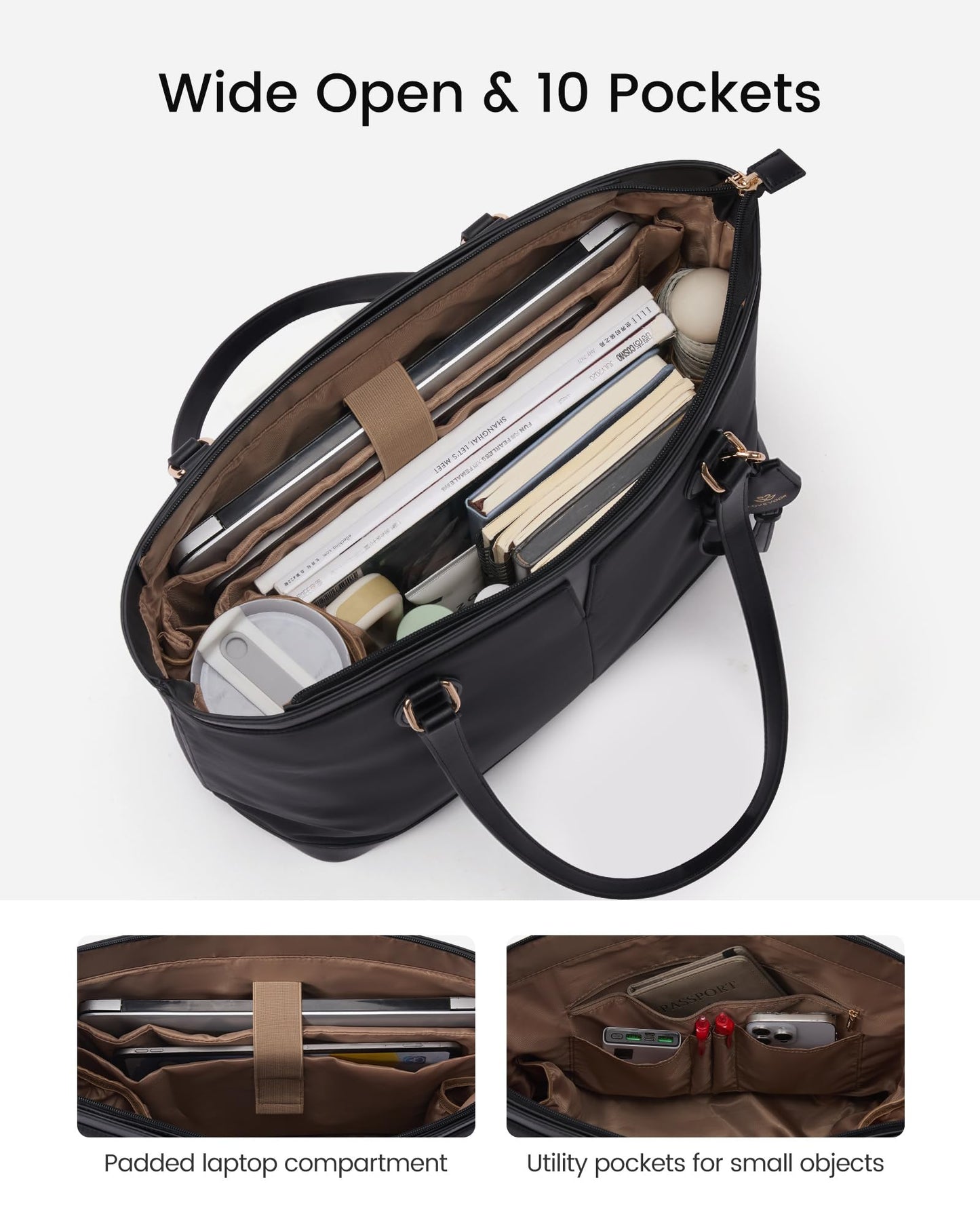 LOVEVOOK Laptop Tote Bag for Women, 17.3 Inch Lightweight Work Computer Bag with Cup Holder, Waterproof Office Briefcase Travel Handbag Purse Gifts for Women Purple-Black