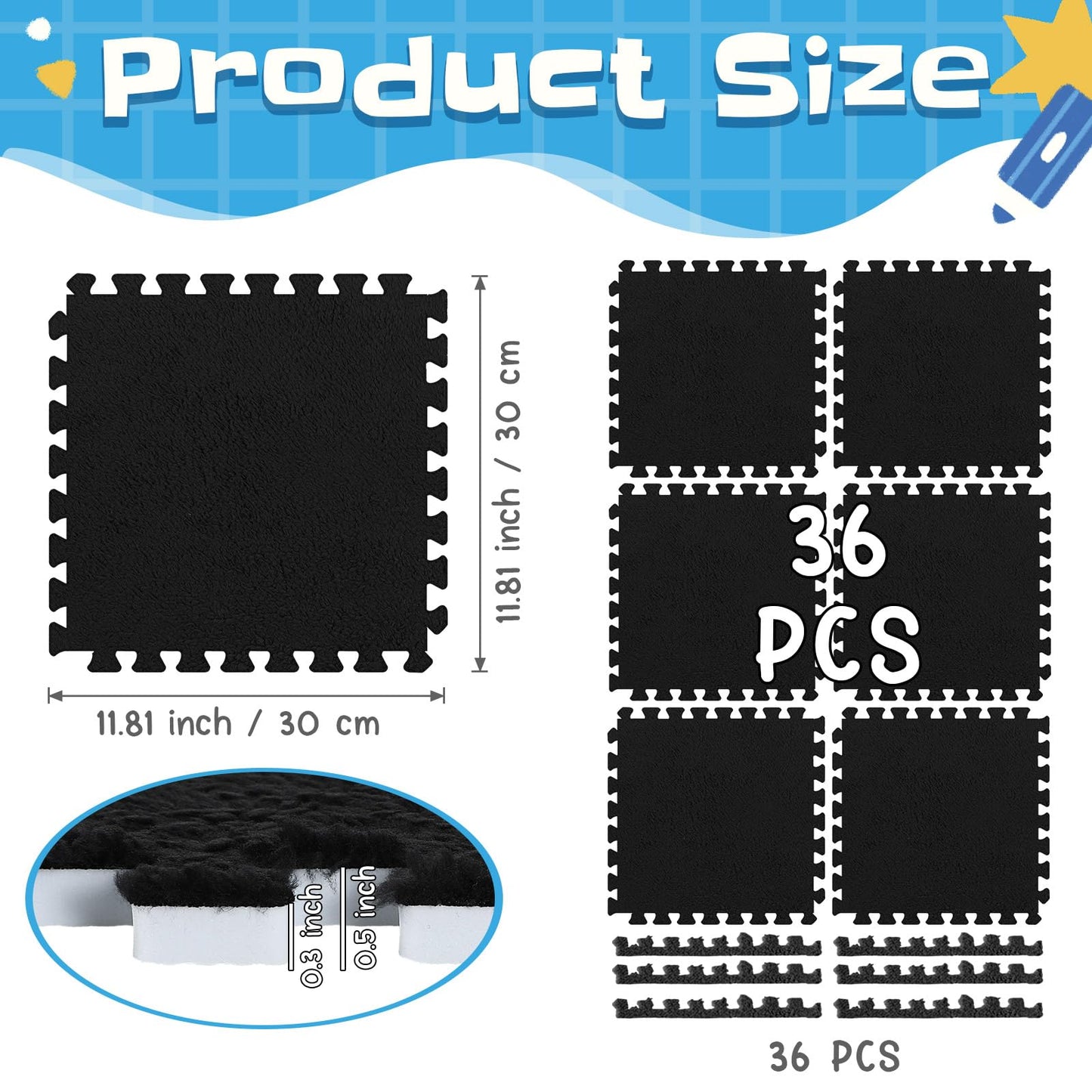Timgle 36 Pcs Interlocking Carpet Tiles Plush Foam Floor Mats with Border Fluffy Play Mat Floor Tiles Soft Climbing Area Rugs for Kids Home Playroom Decor, 12 x 12 x 0.4 Inch(Black)