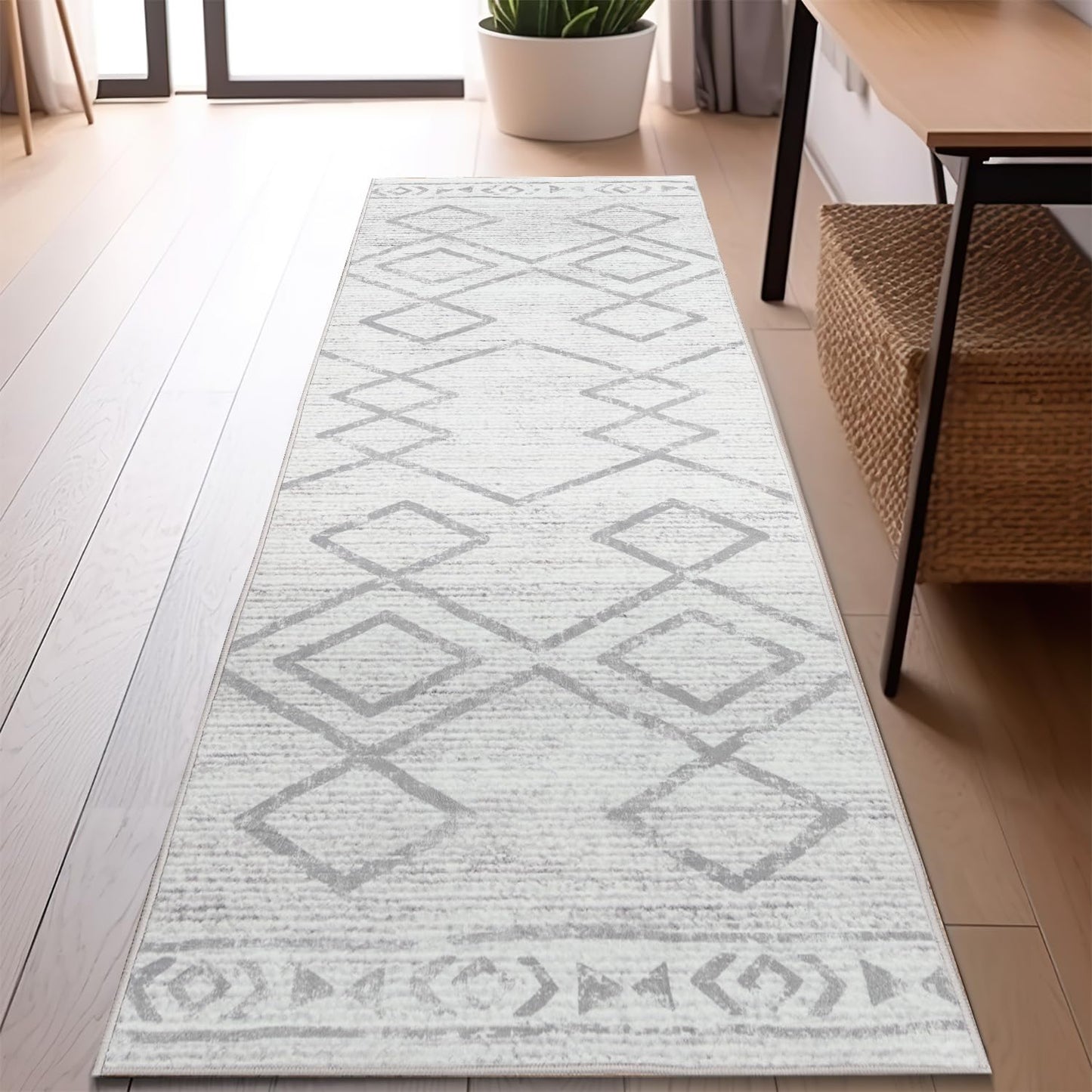 jinchan Moroccan Runner Rug 2x5 - Kitchen Machine Washable Runner Rug Modern Geometric Soft Low-Pile Lightweight Non-Slip Carpet for Entryway Hallway Laundry Room Bedroom Farmhouse (2x5ft, Grey)