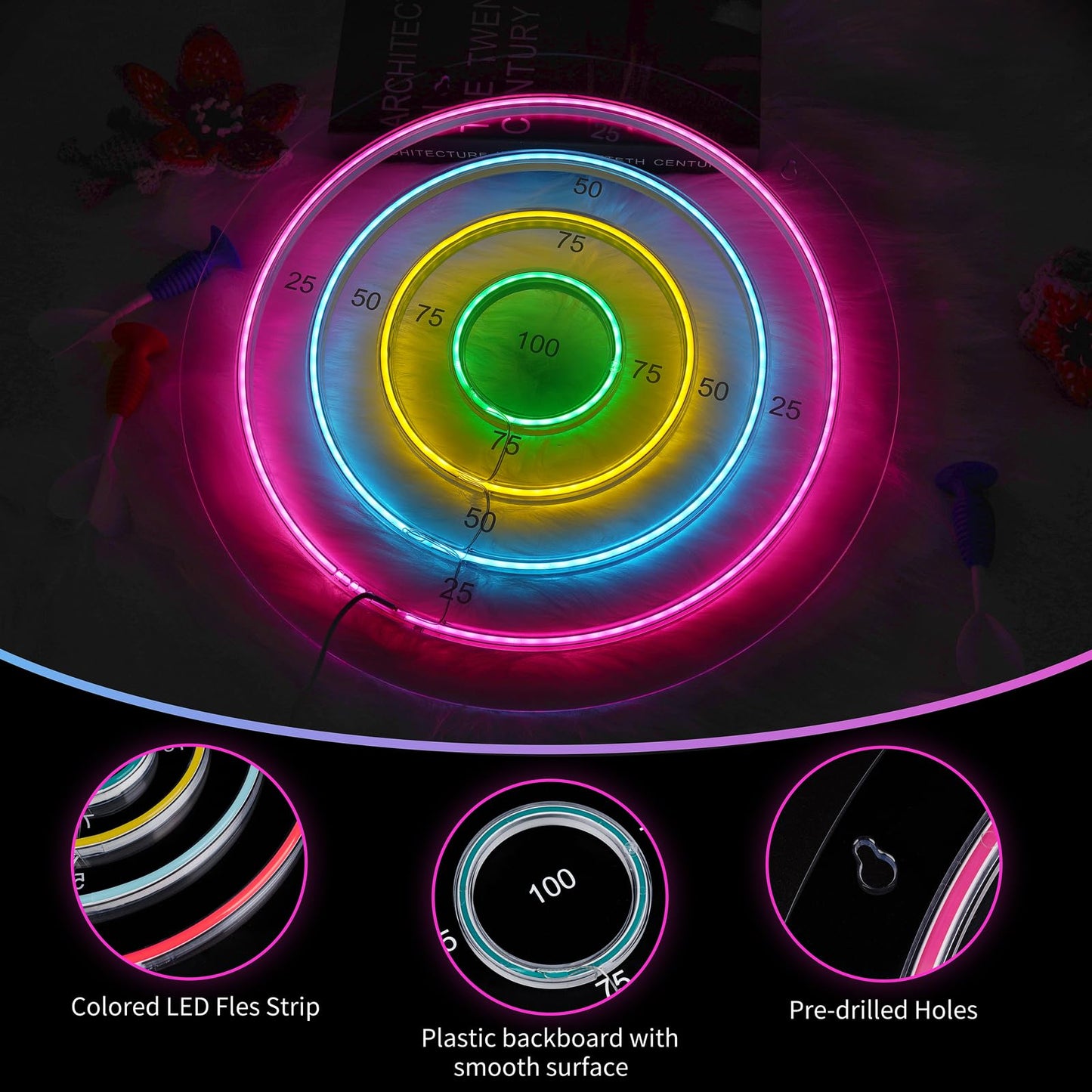 Darts Board Neon Sign with 3 Suction Cup Darts,LED Dart Scoreboard Neon Light Wall Decor USB Powered,Decorations for Game Room Man Cave Bedroom Living Room Bars Club,Birthday Gift for Darts Enthusiast