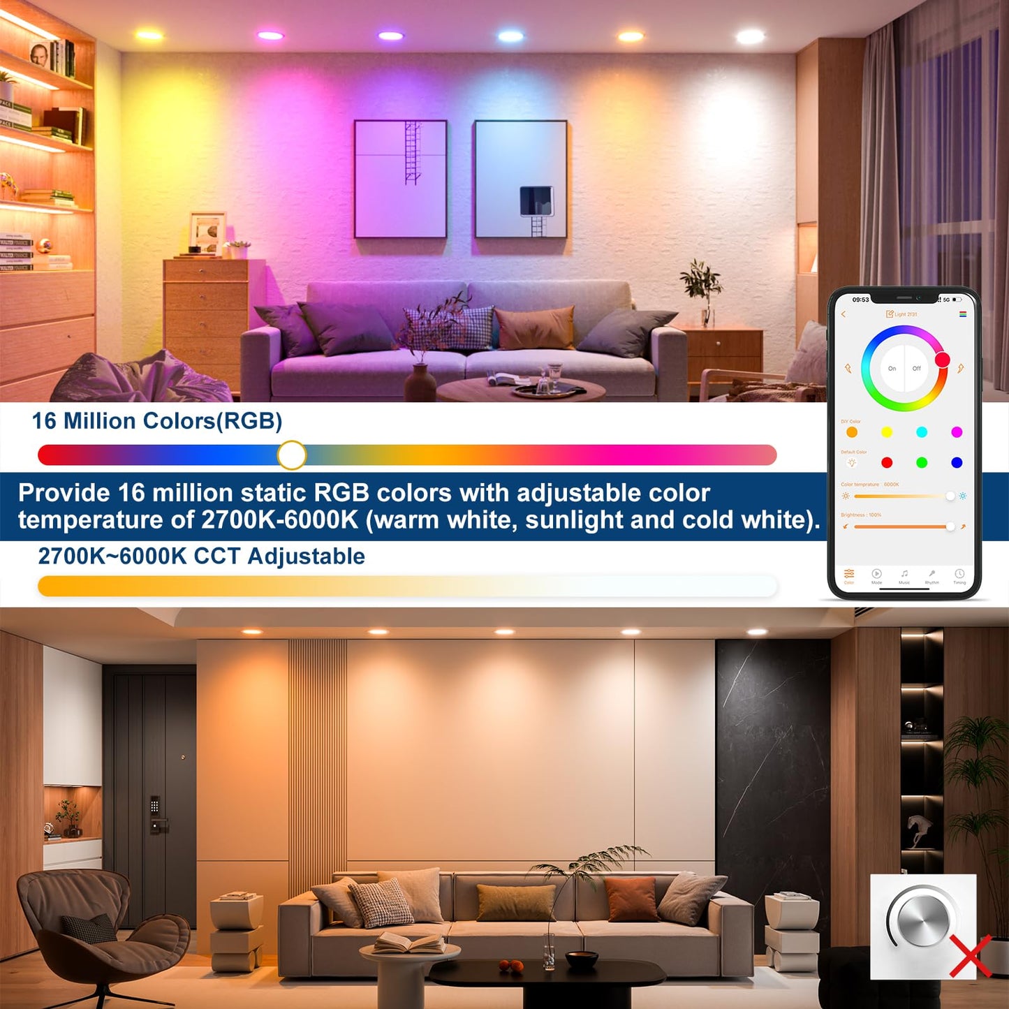 SikSog Smart Recessed Lighting 4 Inch RGBCW Color Changing 12W LED Downlight with Junction Box,1080 Lumen Recessed Ceiling Light Compatible with Alexa,Dimmable by Bluetooth Control -12Pack