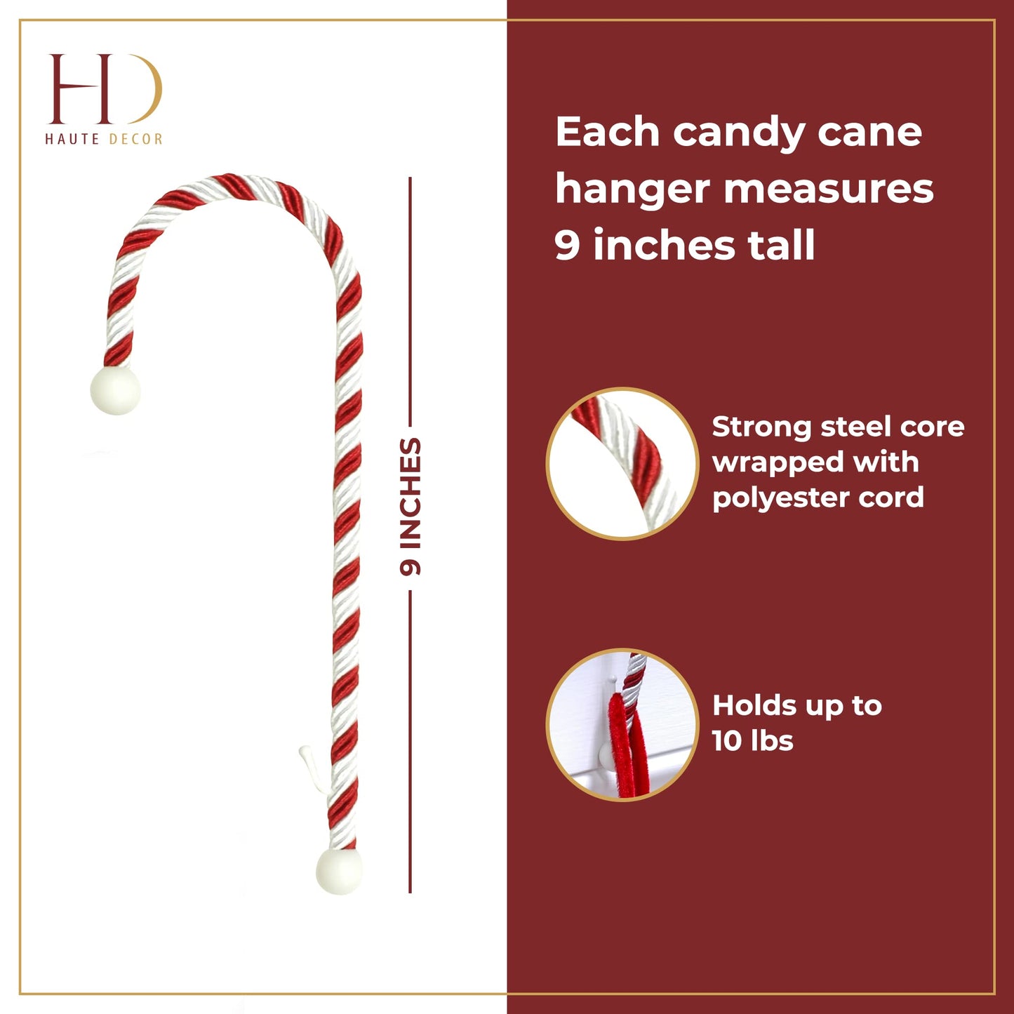 Haute Decor Candy Cane Stocking Holder (Classic Red and White) - Hang Your Christmas Stockings in Style - Lightweight Yet Holds Up to 10 lb.