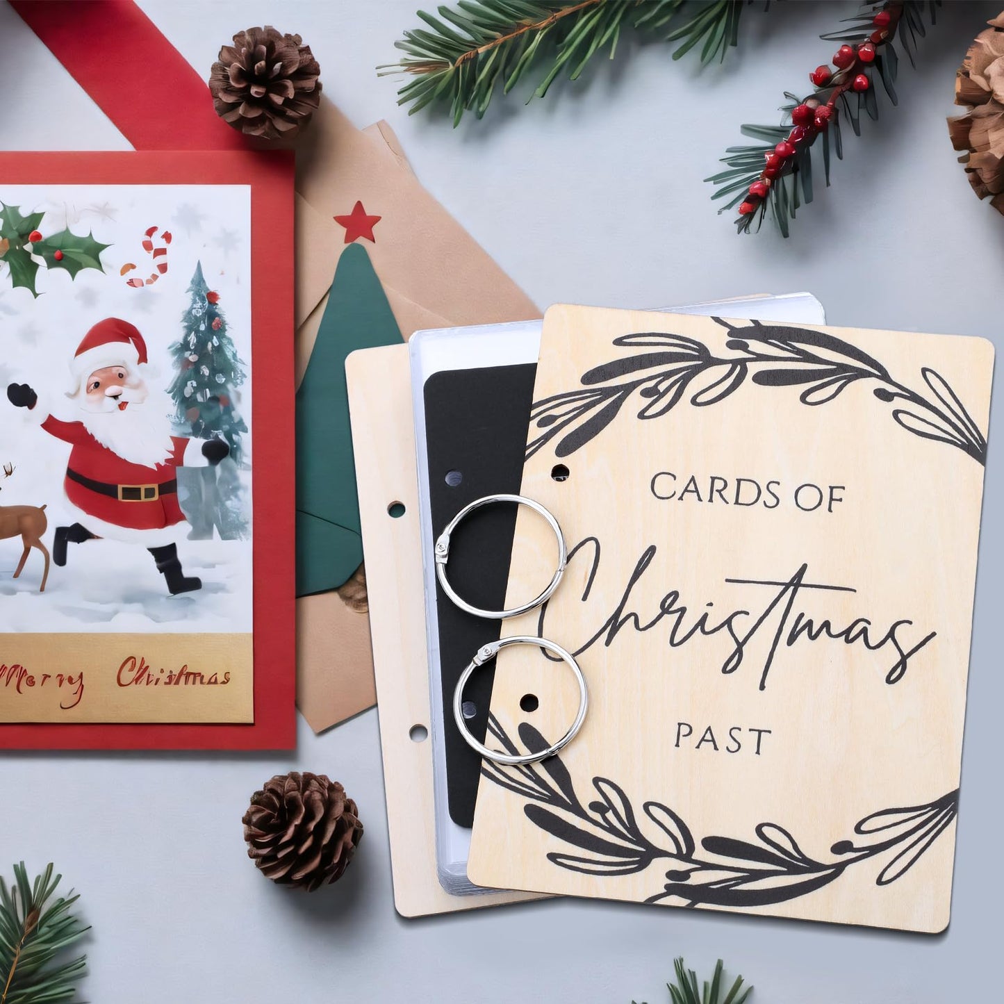 Hoolerry Christmas Wood Card Organizer Set Christmas Card Holder Include a 6 x 8 Cards Organizer a Hole Punch a Print Template 20 Protectors for Holiday Greeting Storage Gift (Classic)