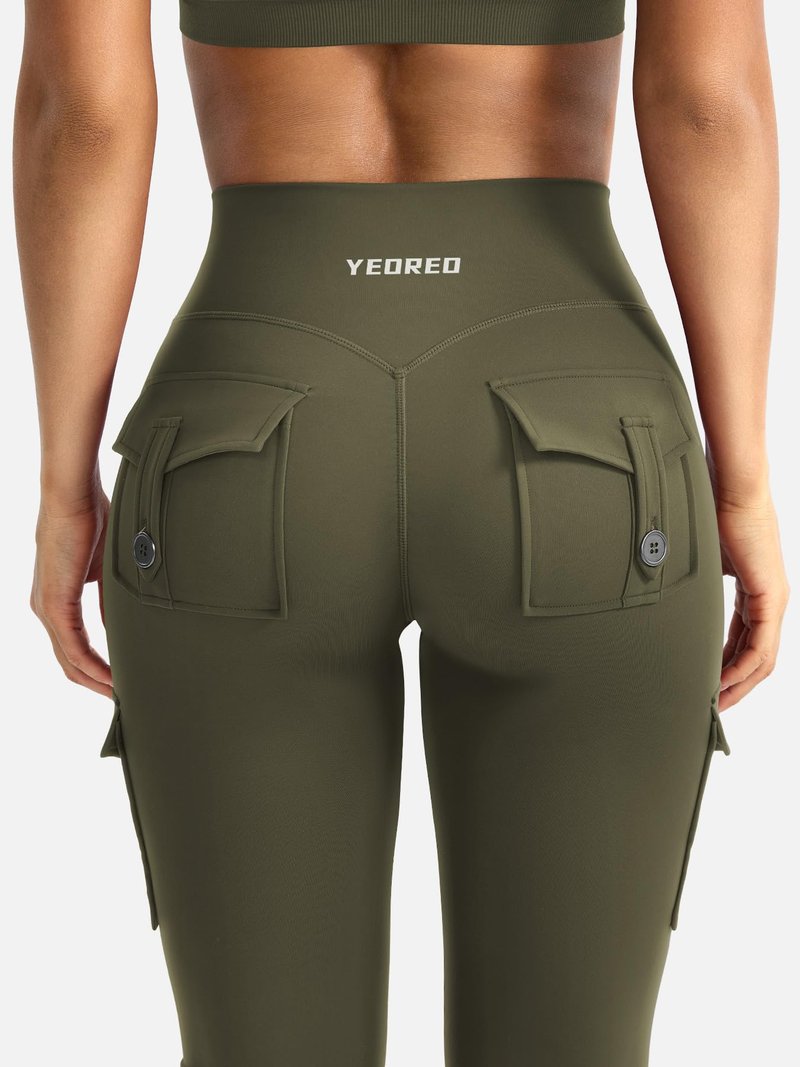 YEOREO CoreFlex Women Workout Flare Leggings with Pockets Hidden Scrunch High Waisted Cargo Gym Yoga Leggings Army Green XXL