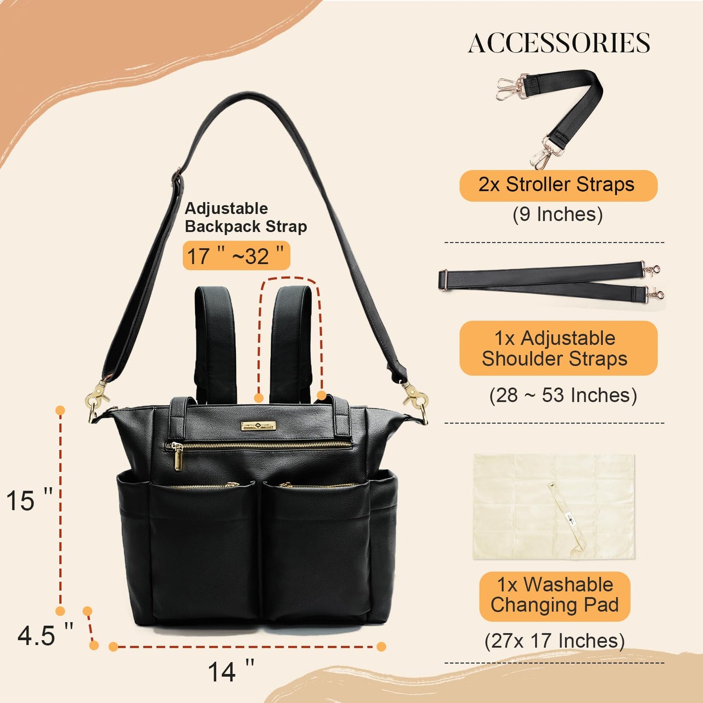 miss fong Diaper Bag Tote Leather Diaper Bag Backpack Pañaleras Para Bebe with 15 Pockets,Leather Diaper Tote with Diaper Changing Pad, Baby Bag for Moms Mommy Bag for Women-Black