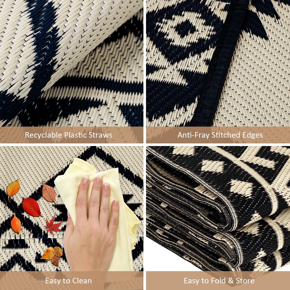 LILIOFFIC Outdoor Rugs - Outdoor Rug 8x10 Patio Rug Plastic Straw Rug Clearance Waterproof, Large Outdoor Area Rug Carpet for Outside, RV, Deck, Picnic, Beach, Camping, Black & Beige
