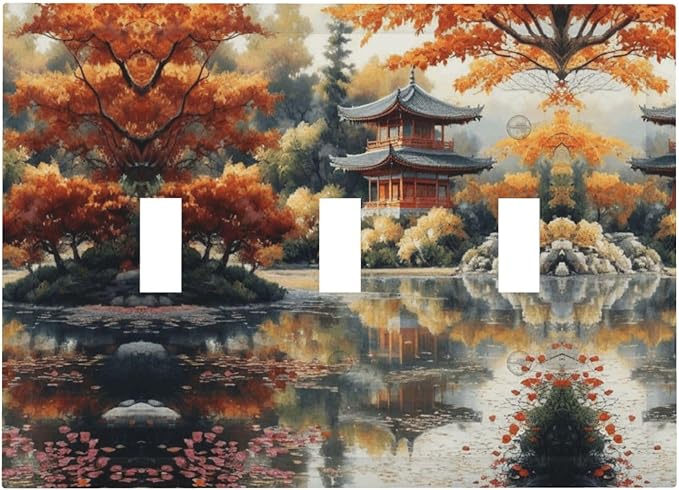 Decorative Art Light Switch Covers Lake & Pagoda in Fall 3 Gang Triple Toggle Wall Plate Decorative Switch plate Electrical Faceplate for Home Decor