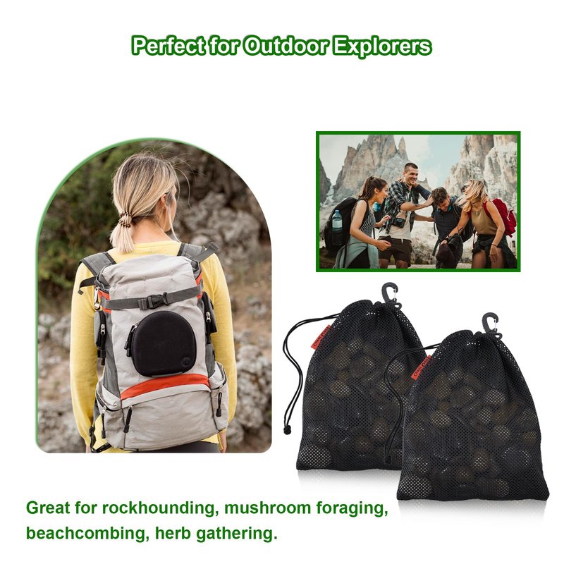 Mesh Foraging Bags with Clip, 4 Pack Drawstring & Toggle Closure Foraging Pouch for Rock Collecting, Mushroom Hunting, Beachcombing, Fastening Hook Nylon Harvesting Pouch for Adults Men Women 9"x12"