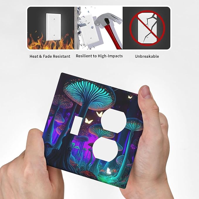 Decorative Light Switch Cover Plate Fantasy Mushroom Forest Glowing Butterfly 2 Gang Outlet Covers 1 Toggle 1 Duplex Wall Plate Decorate Electrical Switch Plate Covers for Bathroom Home Decor