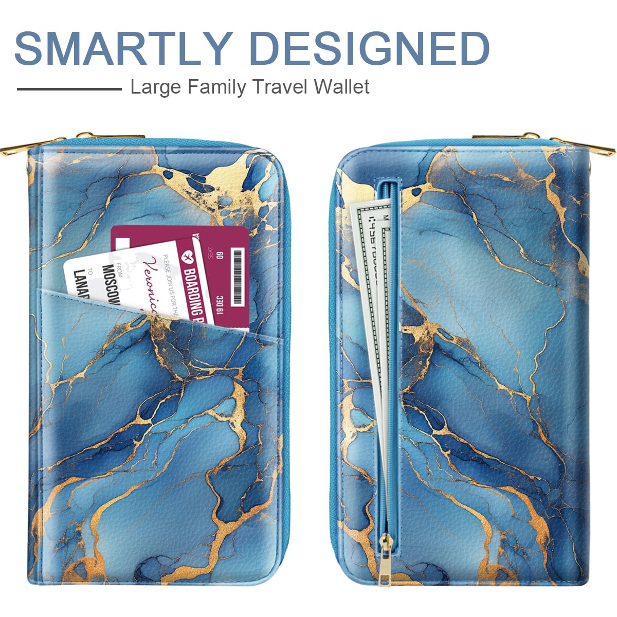 Simikol Family Passport Holder Wallet RFID Blocking Document Organizer PU Leather Mulit-purpose Travel Wallet Credit Cards Case for Women Men, Blue Marble