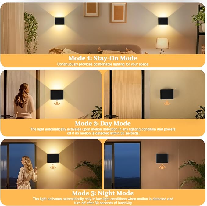 Motion Sensor Wall Sconces with Remote Control, 6000mAh Black Wireless Touch Control Rechargeable Wall Lamps with 3 Color Temperatures, LED Up Down Battery Operated Wall Lights Indoor, 2-Pack