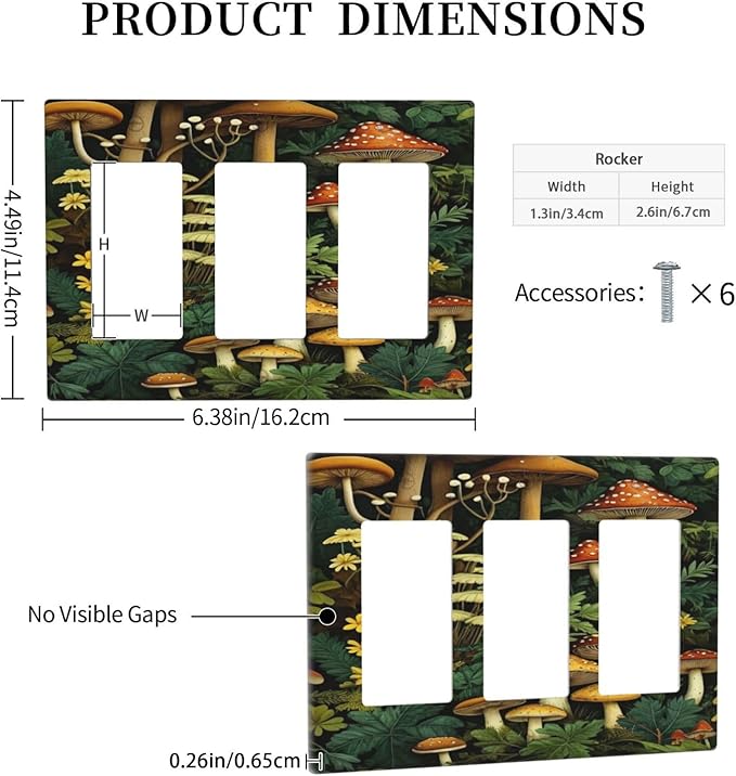 Mushrooms Forest Nature Botanical Art 3 Gang Rocker Triple Outlet Wall Plate Decorative Switchplate Cover Faceplate GFCI Light Switch Covers for Farmhouse Living Decor
