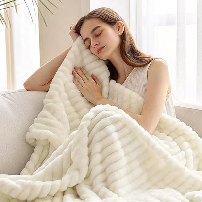 decorUhome Soft Fleece Cream White Blanket King Size for Bed, Cozy Fluffy Plush Flannel Large Striped Throws for Couch Sofa, Lightweight Decorative Fuzzy Blanket for Woman, 108x90 Inches