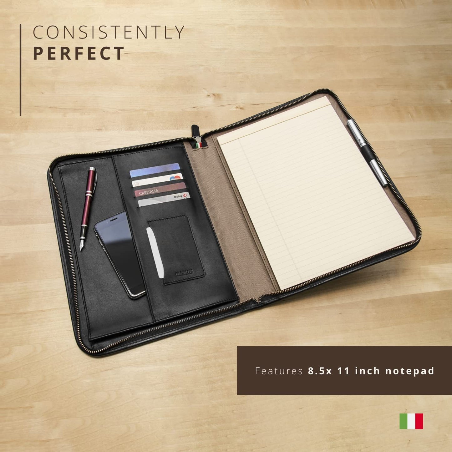 Premium Maruse Leather Portfolio Padfolio - Executive Folio for Men and Women with Zipper, Folio Document Organizer, Laptop Sleeve, iPad Case and Folder - Made in Italy, Black