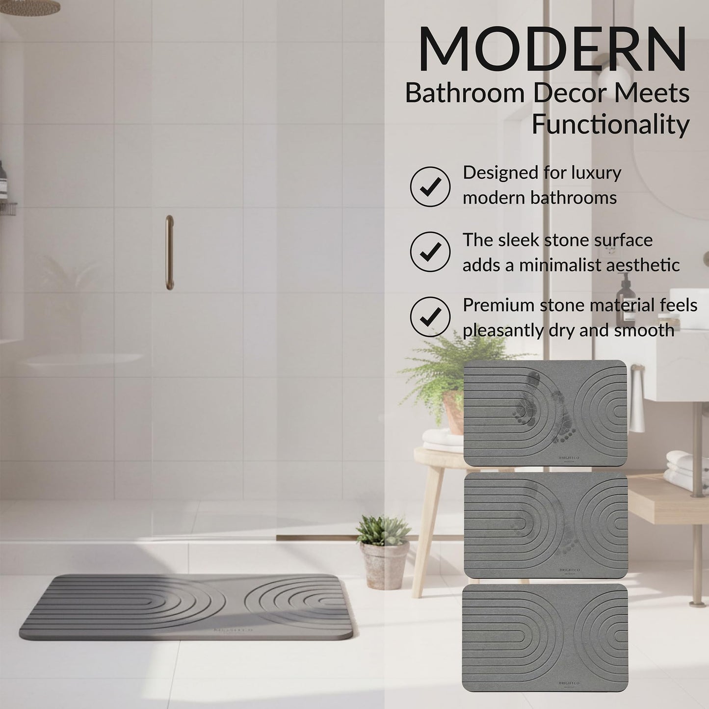 BrightCo Collective Quick Dry Stone Bath Mat – Diatomaceous Earth Foot Pad, Super Absorbent Hard Shower Rug – Modern Anti-Slip Design for Bathroom Floor, 23.6x15.3in, Deep Charcoal – The Meridian